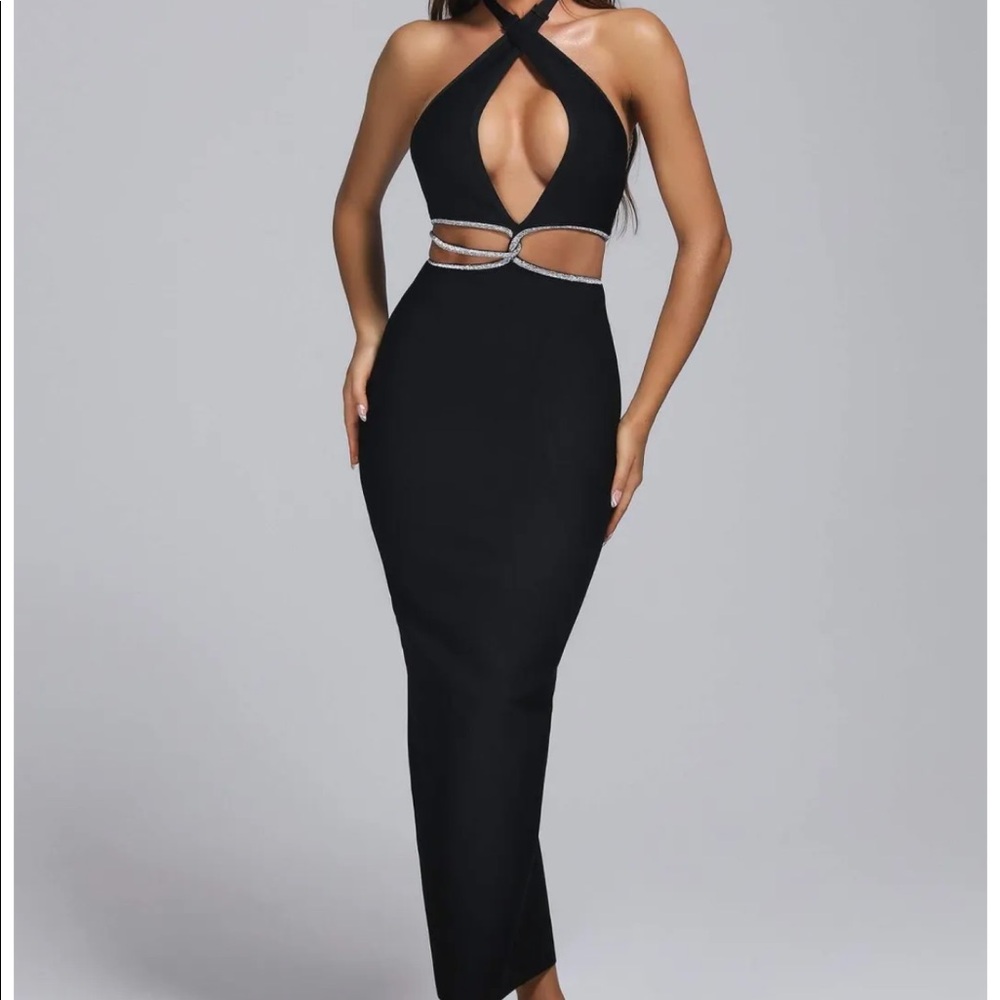 Halter Rhinestone Maxi Bandage Dress